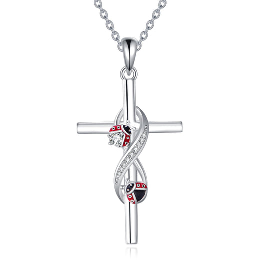 POPLYKE Cross Ladybug Necklace 925 Sterling Cross Pendant Necklace Ladybug Jewelry for Women