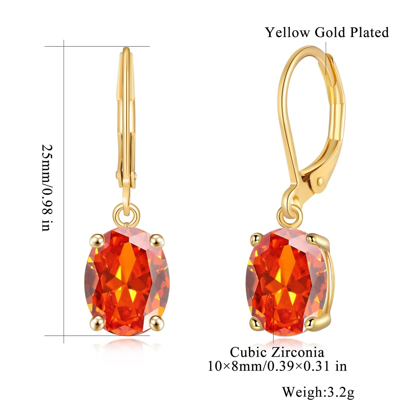 CiNily Cut-Oval Leverback Dangle Earrings for Women Orange Cubic Zircon 14K Gold Plated Hypoallergenic Hanging Earrings Lightweight Drop Earrings Fall Earrings