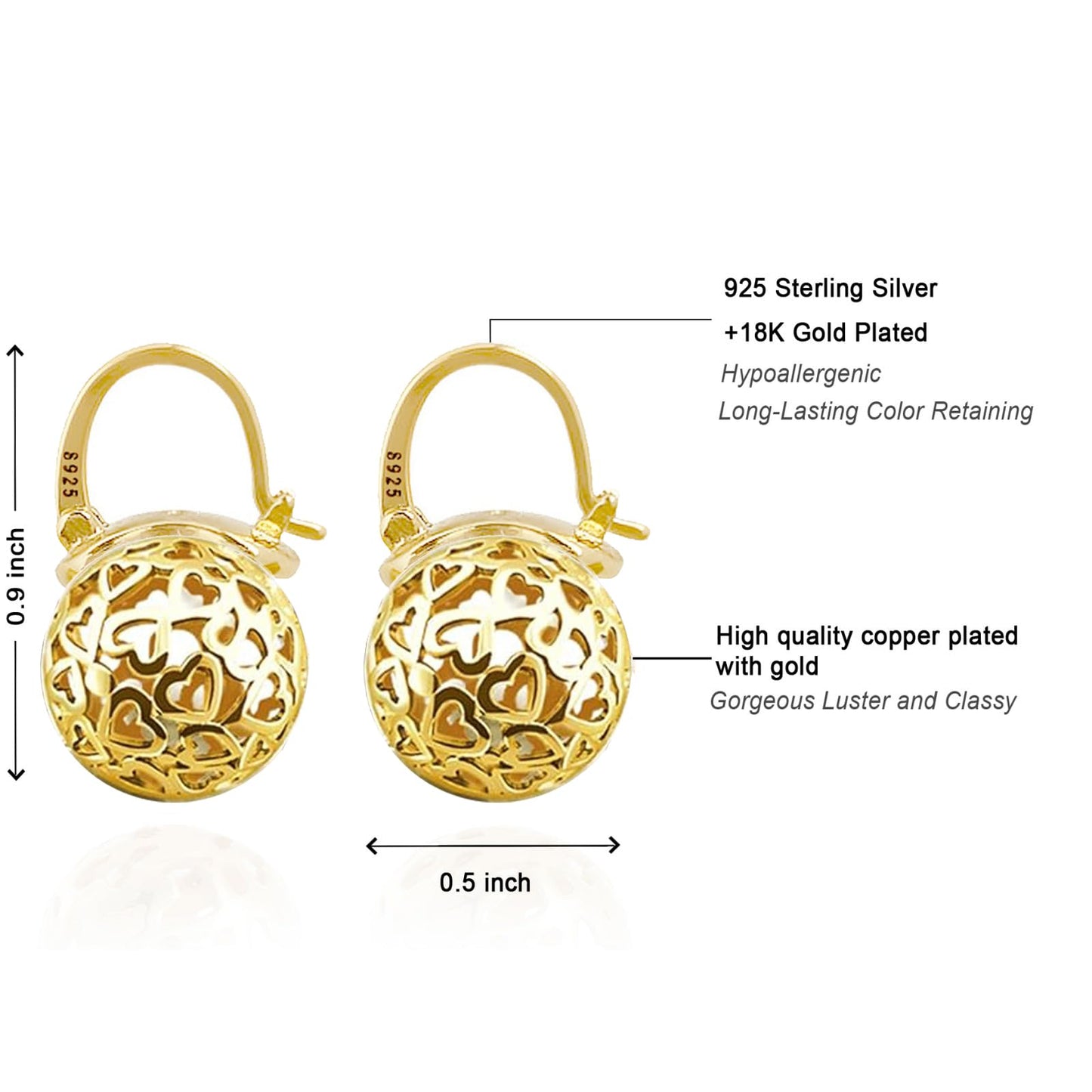 OwMell Elegant 925 Sterling Gold Pearl Drop Earrings Dangle Stud Gold Plated Earrings for Women Large Size 12mm - Hollowed Heart Gold