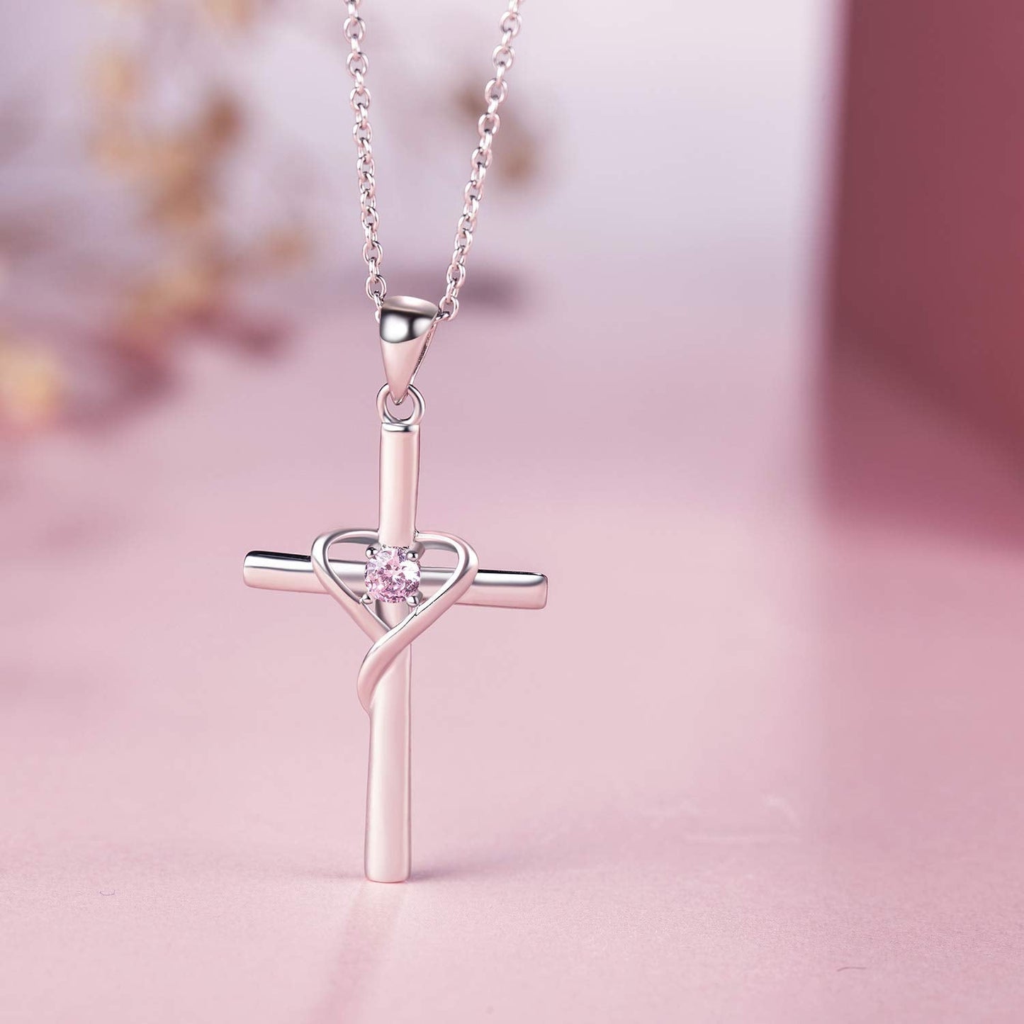 AmorAime 925 Sterling Silver Cross Necklace for Women Men 14K Gold Plated 5A CZ Birthstone Necklaces for Holiday (J.Pink-October-Tourmaline)