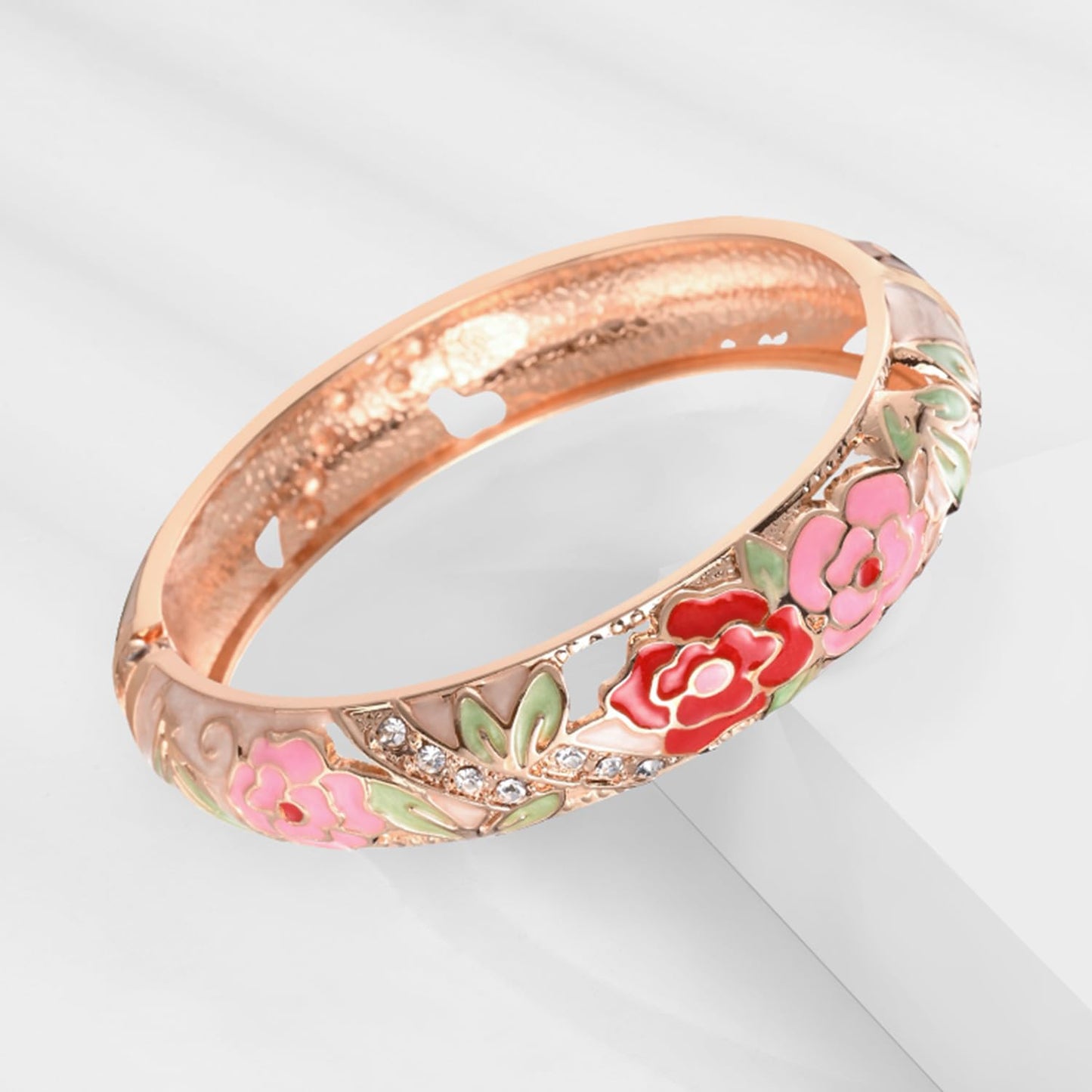UJOY Vintage Cloisonne Bracelet Beautiful Flower Enamel Hinge Plated Rose Bangles Jewelry for Women's Gifts 88C06-55A128 Pink Purple