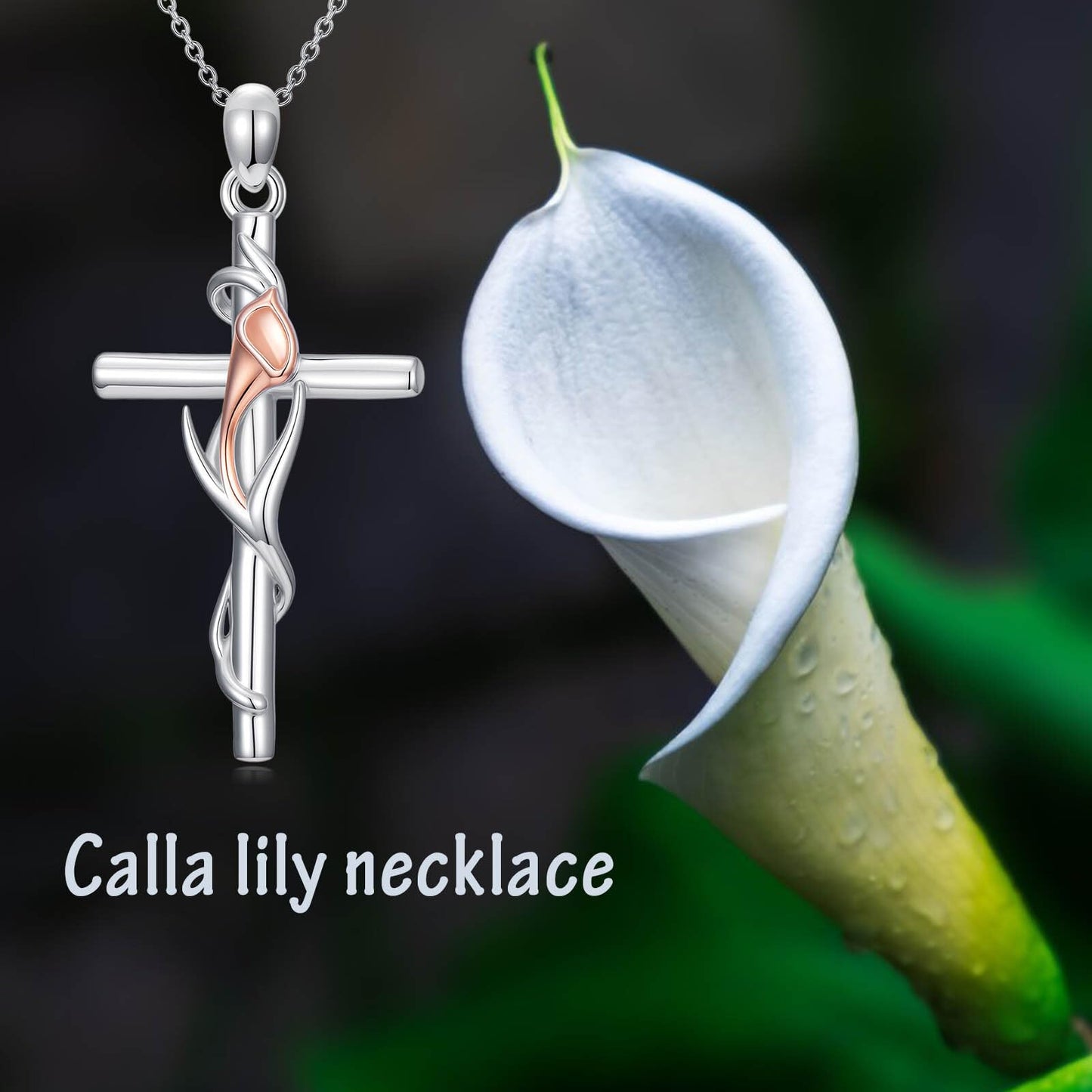 YYB Calla Lily Cross Necklace for Women 925 Sterling Silver Calla Lily Jewelry Dainty Silver Cross Necklace Christian Religious Gifts for Women Mothers Day Gifts