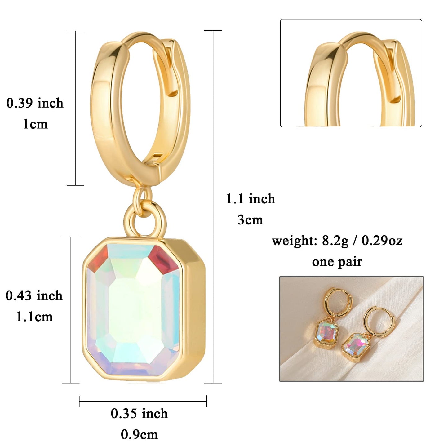 Birthstone Crystal Dangle Drop Earrings, 18K Gold Plated Huggie Hoop Hypoallergenic Earring Jewelry Gifts for Women (Aurora Borealis)