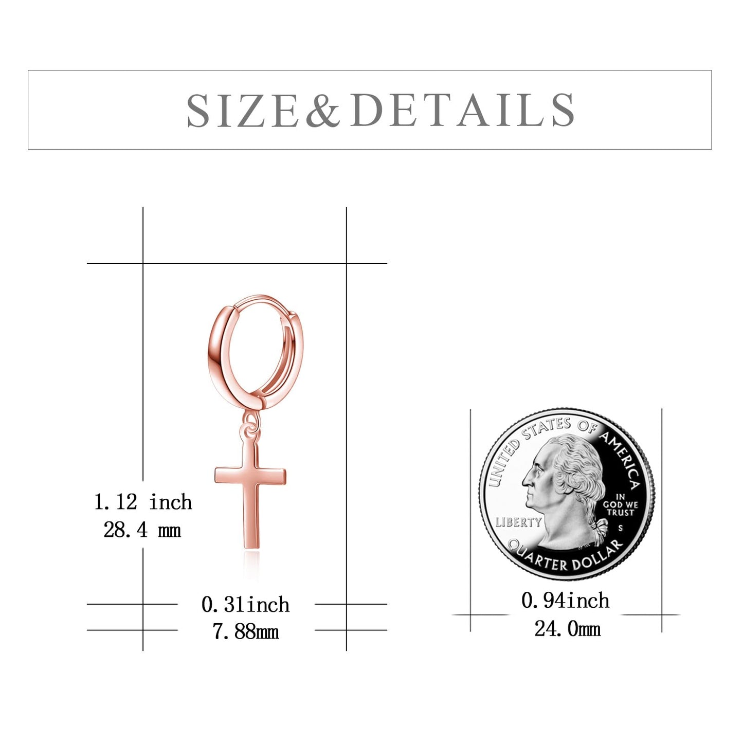 Sterling Silver Hanging Hoop Cross Earrings Rose Gold Plated Cross Dangle Drop Earrings for Women Religious Jewelry Gifts