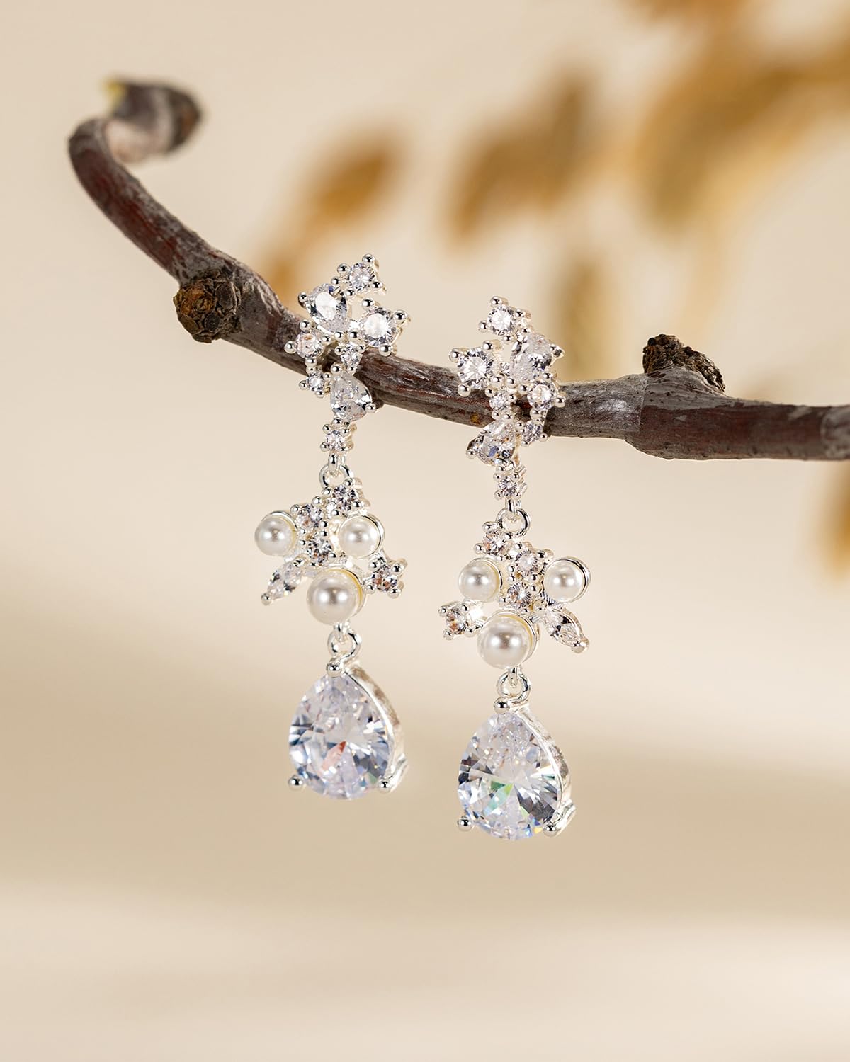 PRTGL Pearl Drop Earrings - Silver 14 White Gold Plated Cubic Zirconia Accented Pearl Drop Dangle Earrings for Women Wedding Bridal Teardrop Design