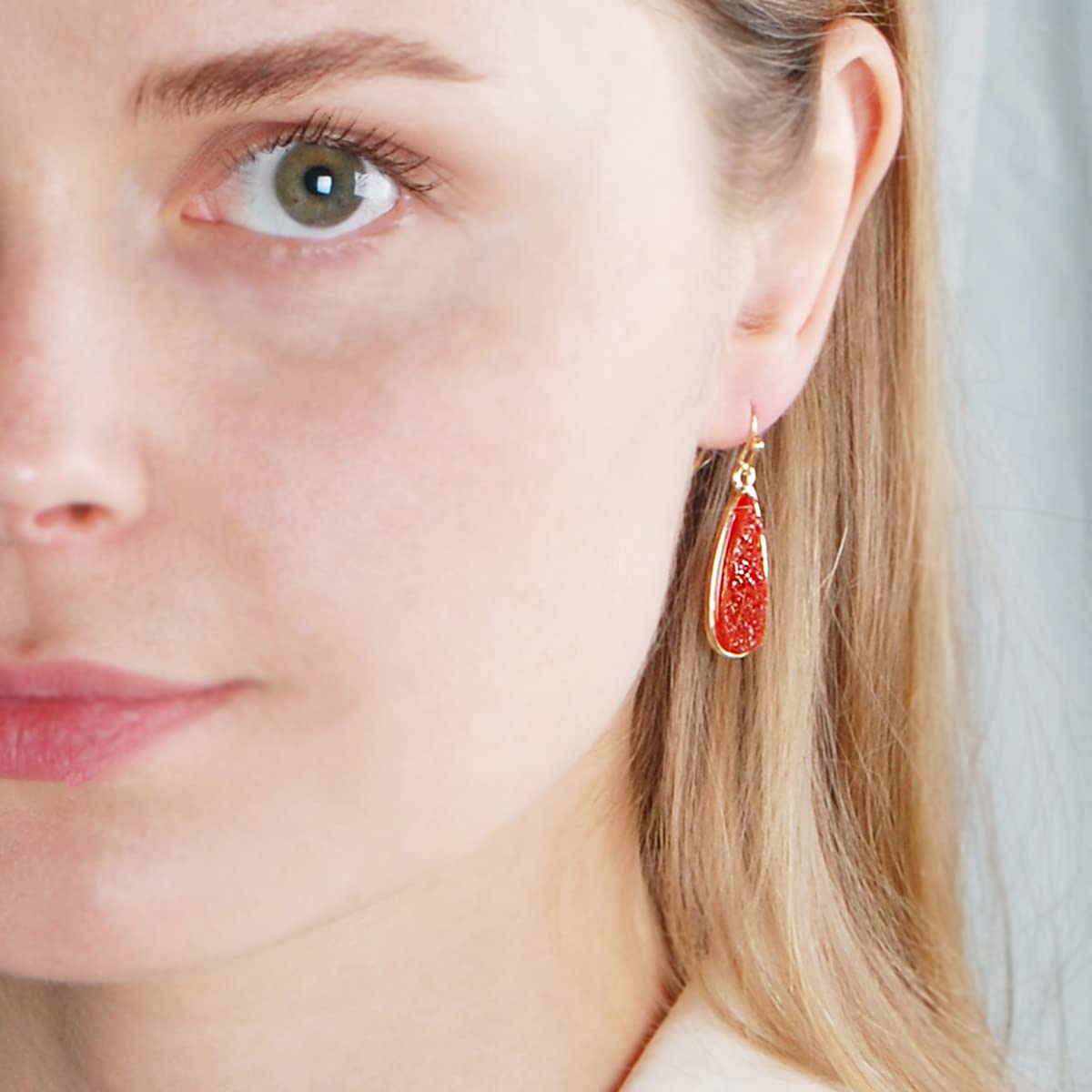 Simulated Druzy Drop Dangles - Sparkly Bohemian Long Teardrop Dangly Earrings for Women, Gold Tone - Red Stone