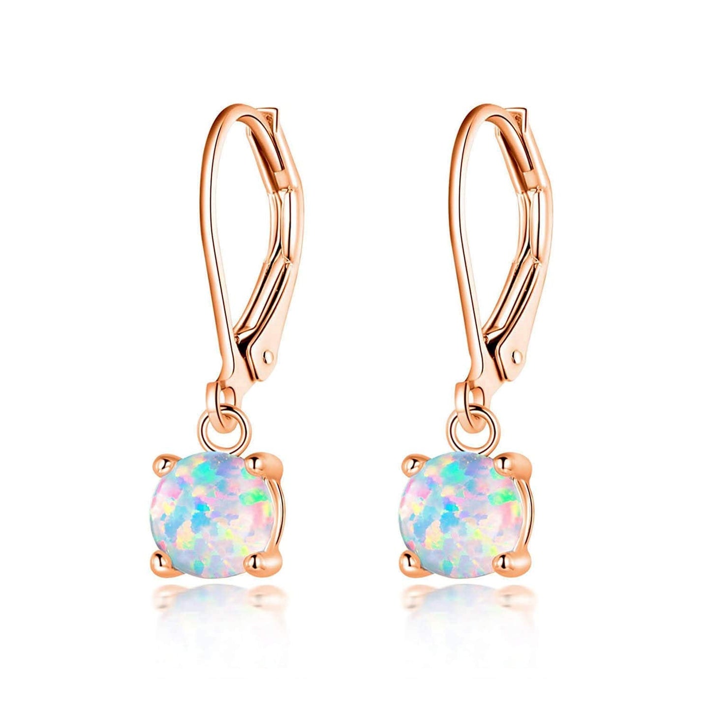 CiNily Rose Gold Plated Opal Drop Earrings,Leverback Hypoallergenic Dangle Earrings for Women Round-Cut Gemstone Opal Jewlery Gift