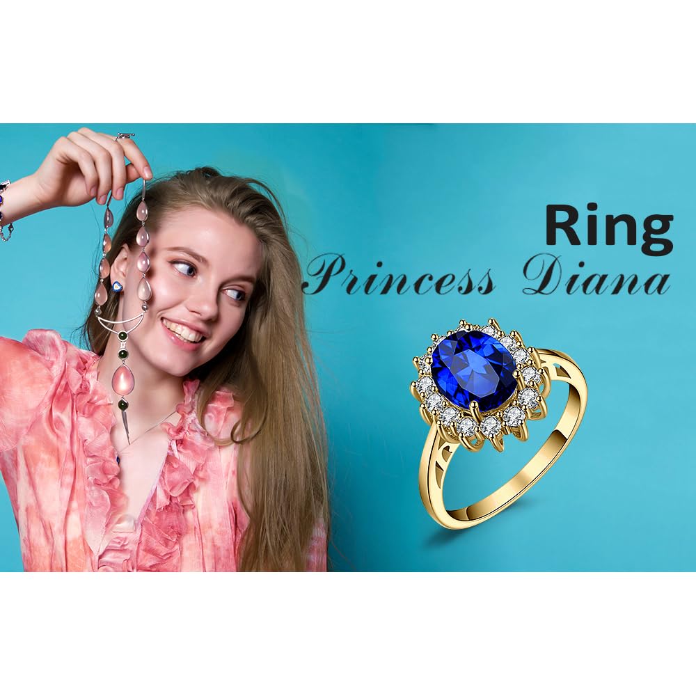 JewelryPalace Princess Diana Kate Middleton Gemstone Birthstone Royal Blue Created Spinel Halo Statement Engagement Rings for Women, 14K Yellow Gold Plated Promise Rings for Her Size 10.5