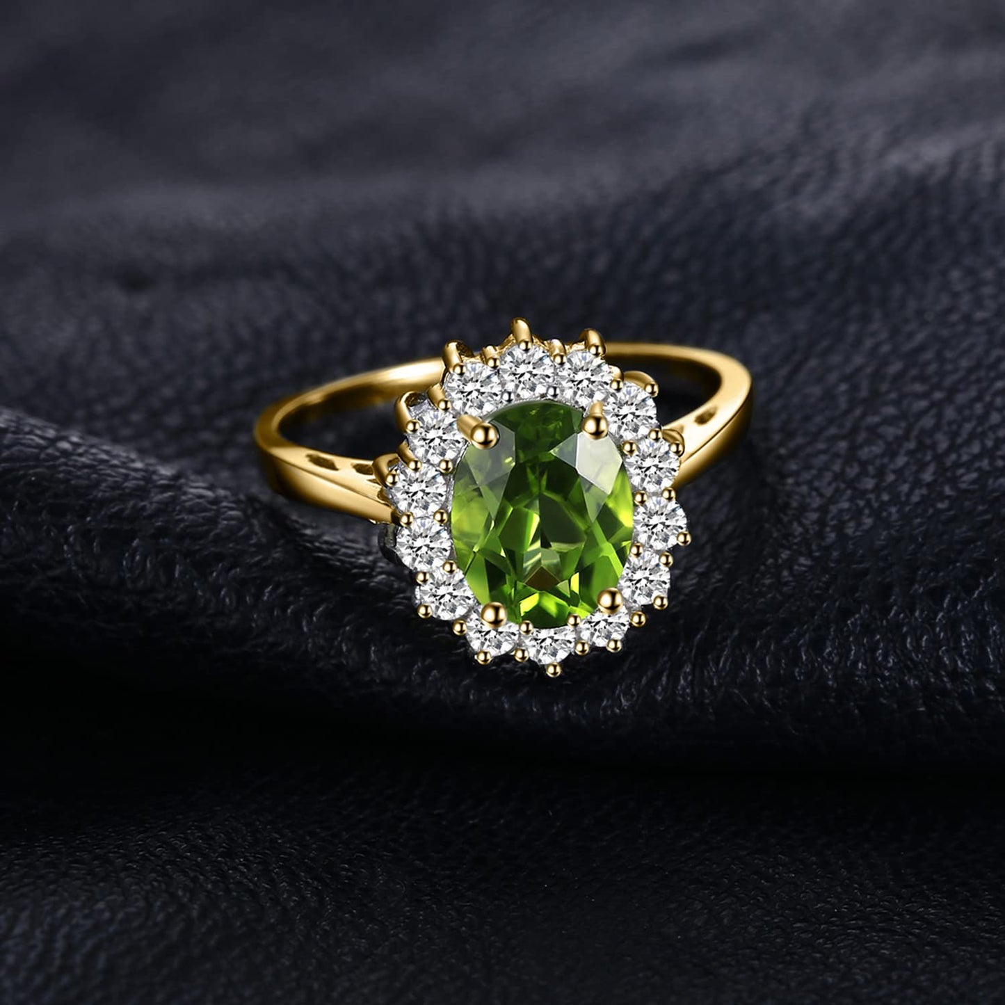 JewelryPalace Princess Diana Kate Middleton Gemstone Birthstone Genuine Peridot Halo Statement Engagement Rings for Women, 14K Yellow Gold Plated 925 Sterling Silver Promise Rings for Her Size 10.5