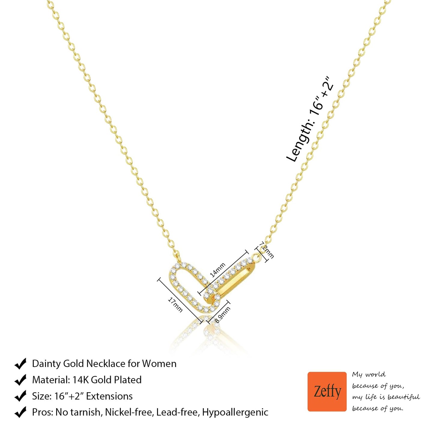 Zeffy Dainty Diamond Paperclip Necklace Simple Cute Minimalist Open Oval Necklaces Jewelry for Women Gifts