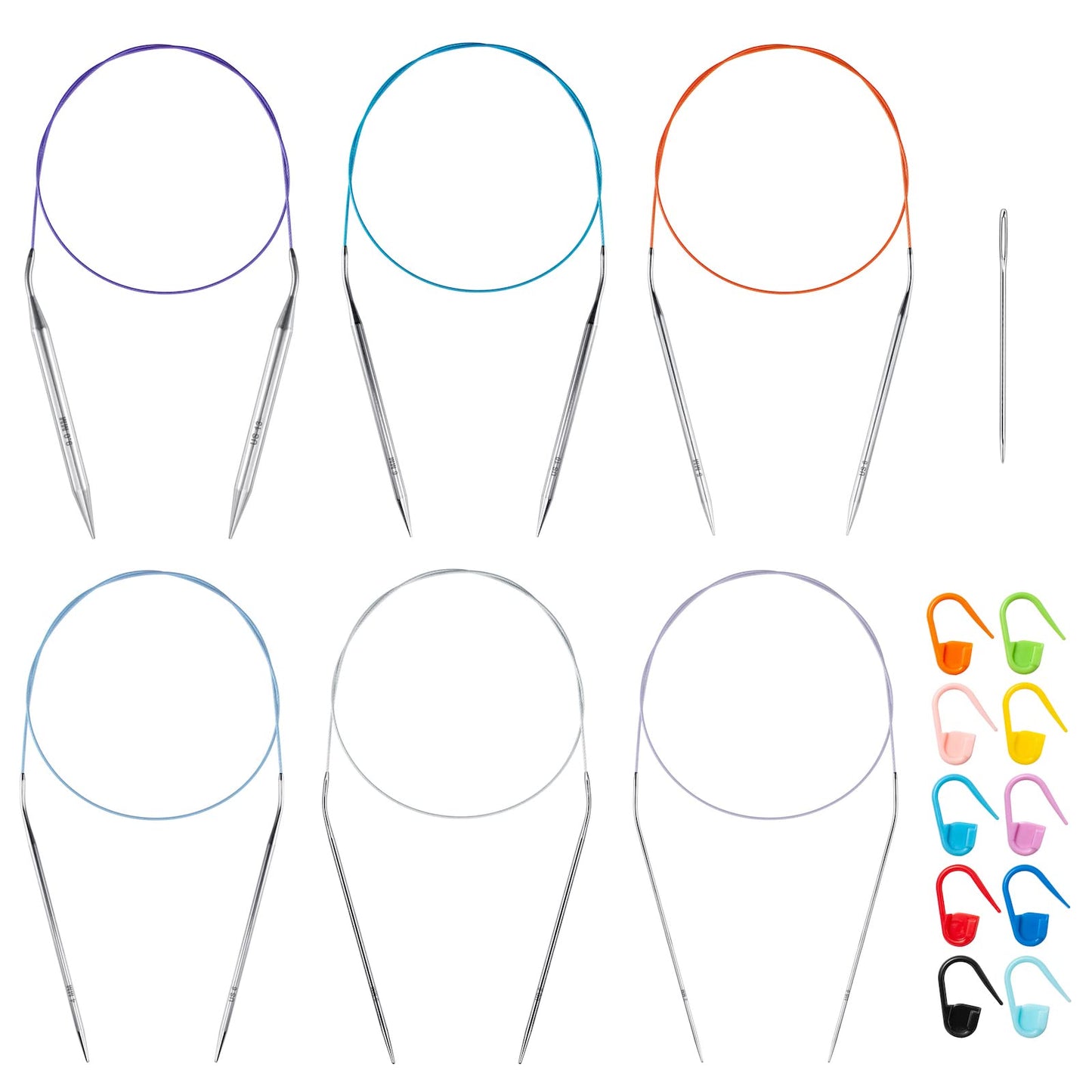 32 inch Stainless Steel Circular Knitting Needles Set for Beginners, 6 PCS US Size 0 2.5 6 8 10 13 Round Metal Knitting Needles with Magic Loop, Fixed Circle Needles for Sock, Blankets, Sweater, Scarf