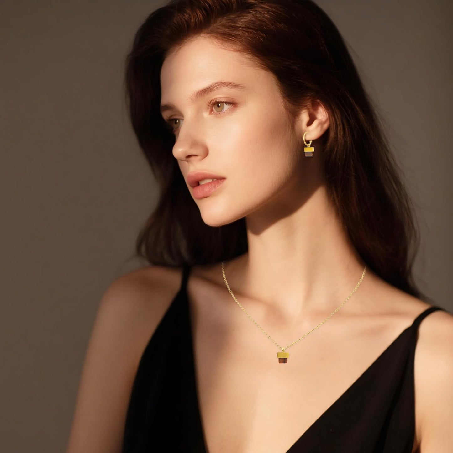 TaYolnFaSo Natural Tiger Eye Necklace and Earrings Set for Women 18K Gold Plated Tiger Eye Jewelry Set Square Gemstone Jewelry Gift