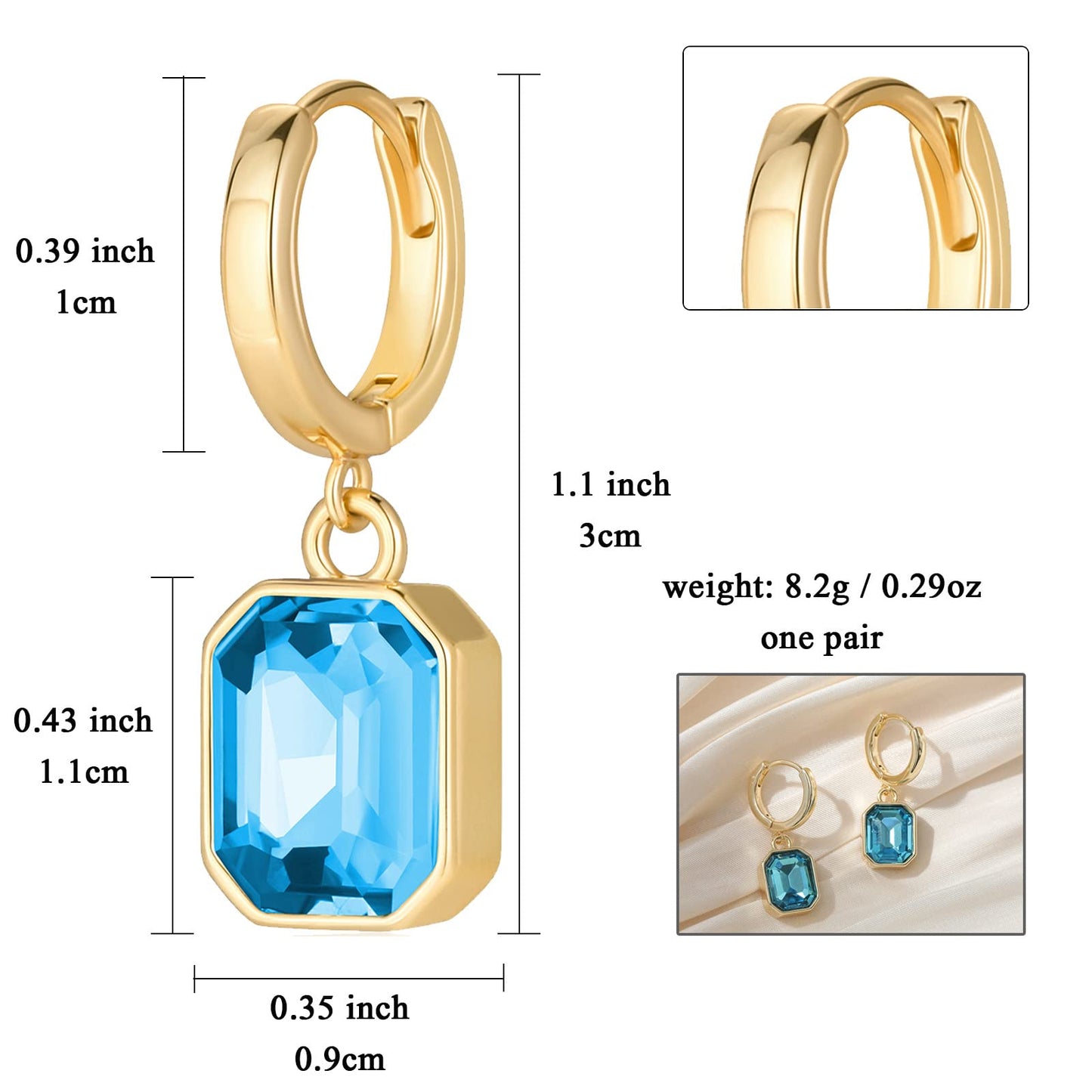 Birthstone Crystal Dangle Drop Earrings, 18K Gold Plated Huggie Hoop Hypoallergenic Earring Jewelry Gifts for Women (Blue)