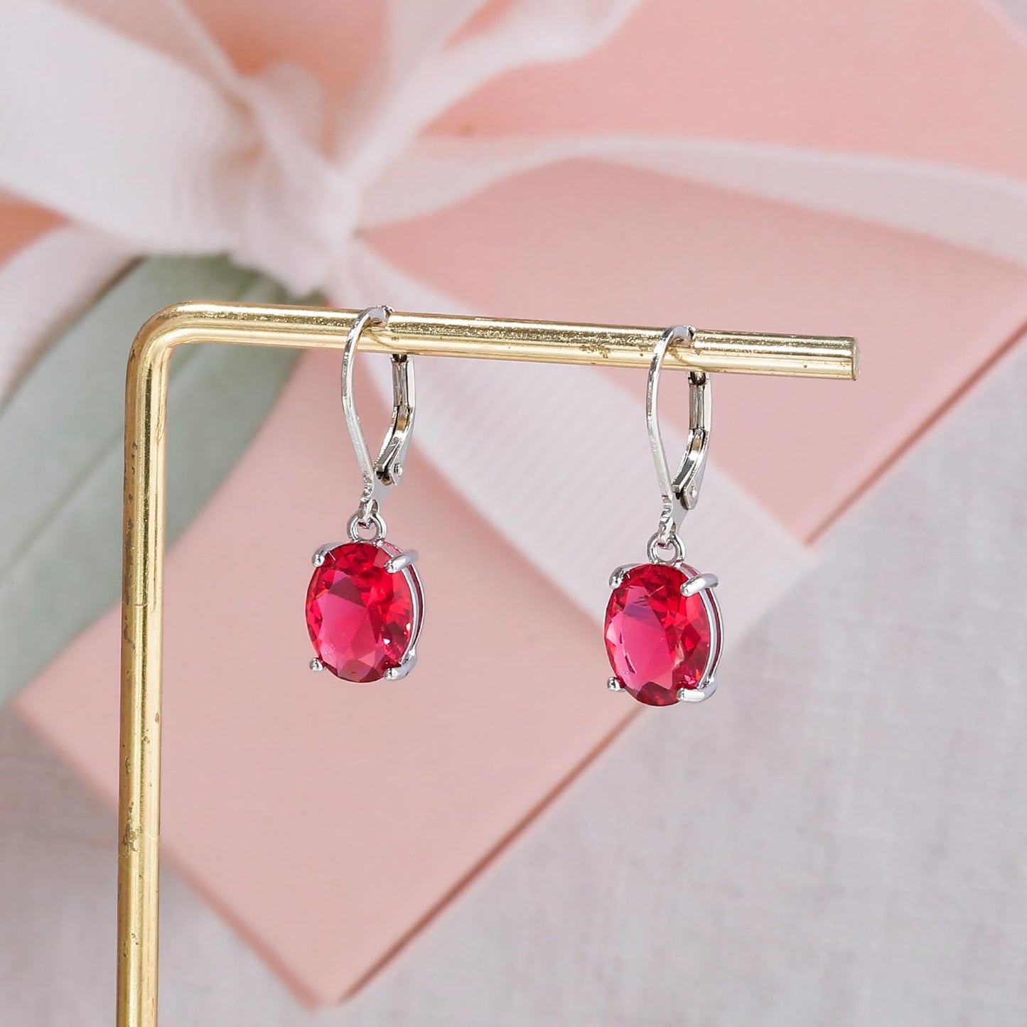 CiNily Cut-Oval Leverback Dangle Earrings for Women Red Cubic Zircon 14k White Gold Plated Hypoallergenic Hanging Earrings Lightweight Summer Drop Earrings