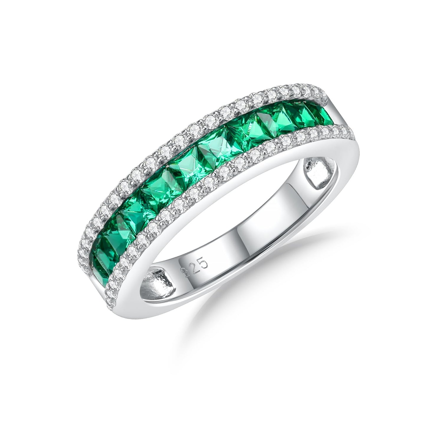 RANDES Created Emerald Eternity Rings for Women White Gold Plated Sterling Silver Channel Set Band Green Gem Anniversary Birthstone Ring Size 6
