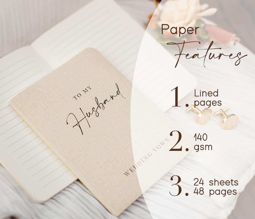 Slim Vow Books (Set of 2 - Design 2) - Soft Cream Canvas Linen Textured Cover Wedding Vow Booklets, Ceremony Speech Promise Notebook Journal, Gift for Newly Engaged Couple, 48 Lined Pages, 5.75" x 4"