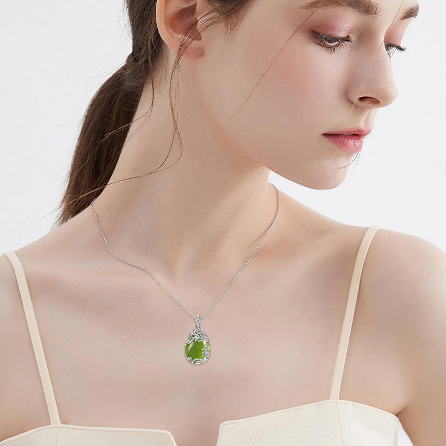 YAFEINI Sterling Silver Green Tree of Life Pendant - Natural Peridot Stone Necklace - Jewelry Gift for Women