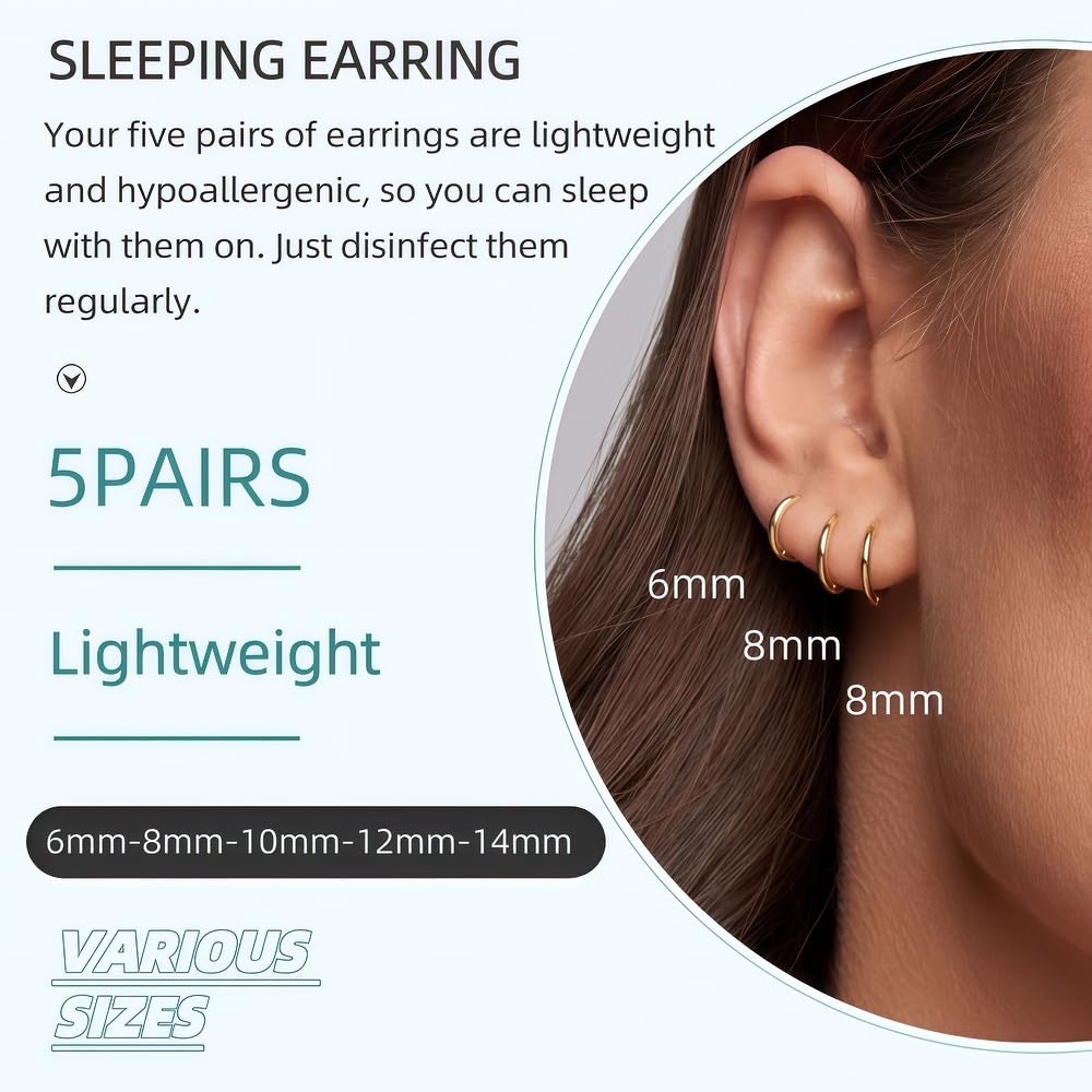 5 Pairs Small Gold Huggie Hoop Earrings Set Women 14K Gold Plated Cartilage Earrings Hypoallergenic Lightweight Stainless Steel Earrings 2nd 3rd Hole Cute Multiple Piercing Stack Jewelry Trendy Gift