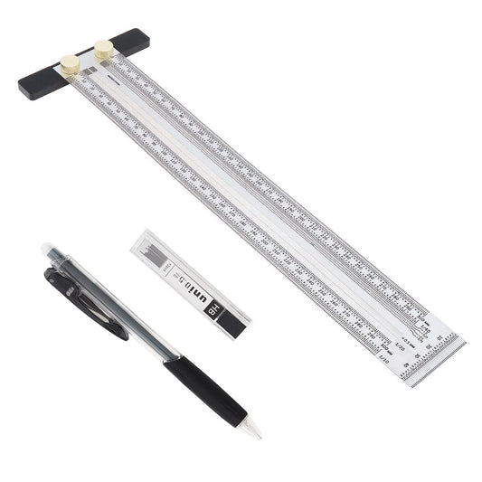 Smgda Precision Marking T-Rule Stainless Steel T Square with Mechanical Pencil & 0.5mm Refill Scribing Line Ruler for Marking or Measuring, for Carpenters, Designers, Architects, Engineers 300mm