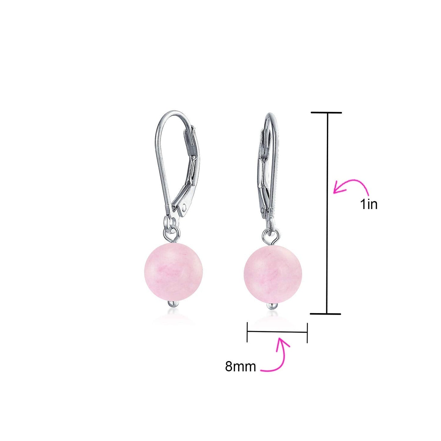 Bling Jewelry Timeless .925 Sterling Silver Pink Rose Quartz Bead 8mm Ball Drop Earrings Lever Back Genuine Gemstone October Birthstone