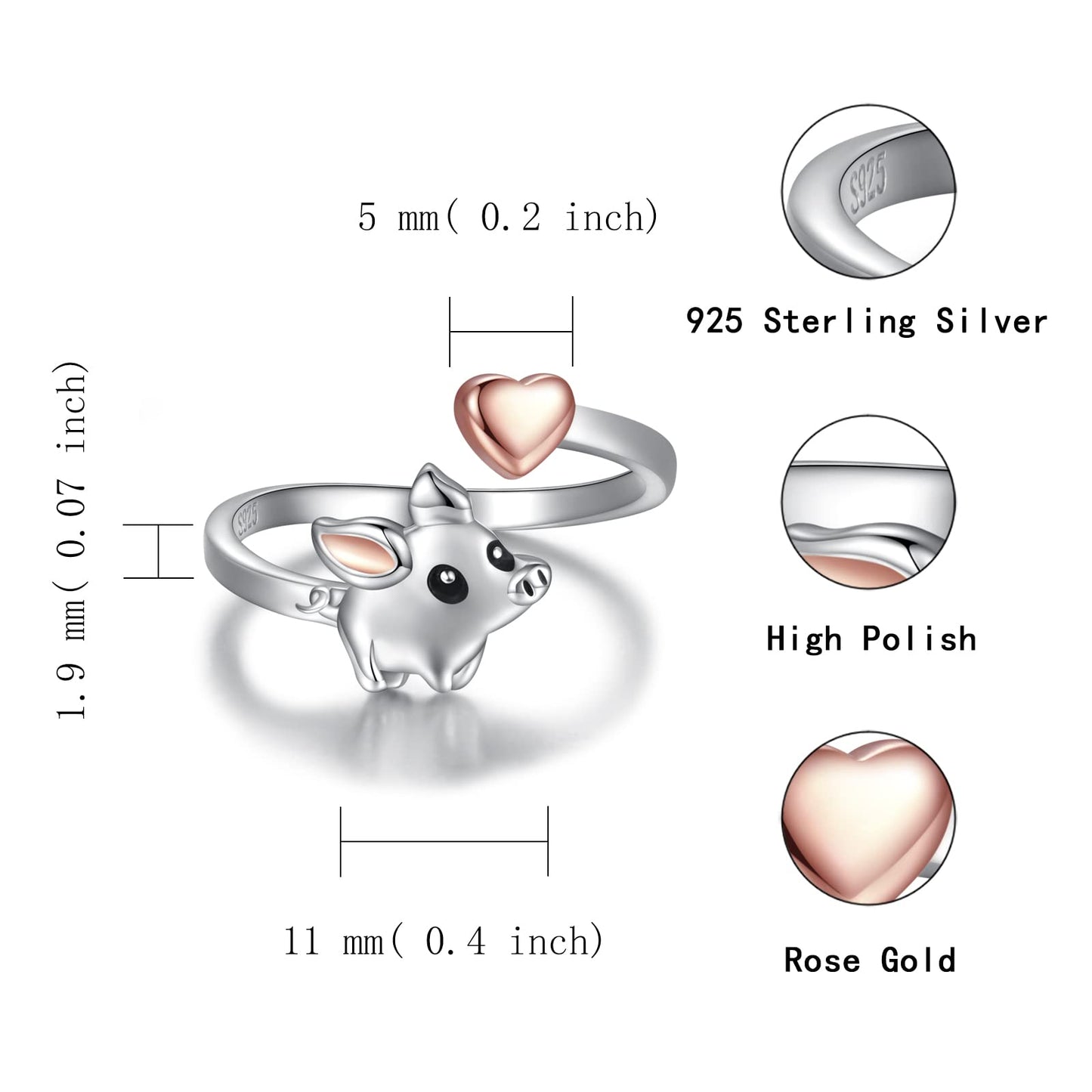 Zepmais 925 Sterling Silver Animal Ring - Adjustable Open Owl Axolotl Rings with Heart Cubic Zirconia Opal Cute Animals Jewelry Gifts for Women (Pig)