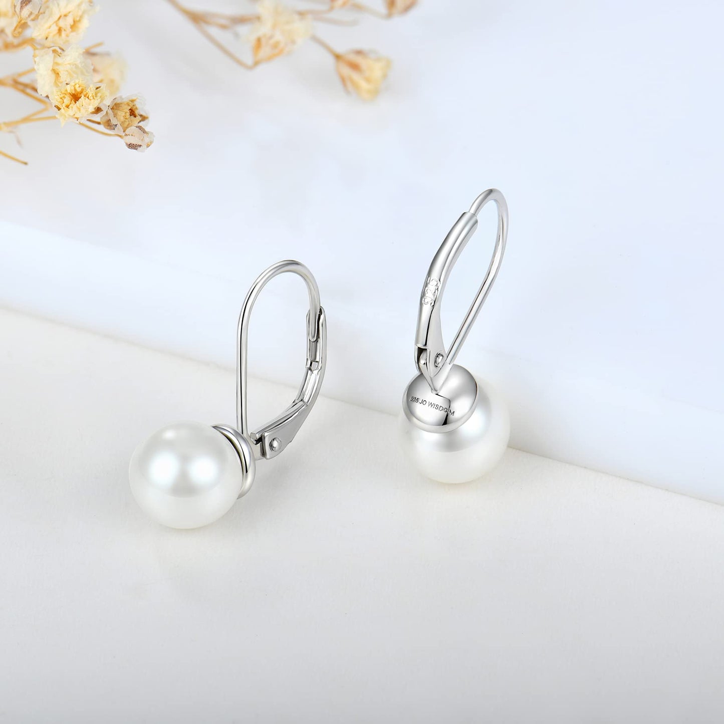 JO WISDOM Pearl Earrings,925 Sterling Silver 8mm Freshwater Cultured Pearl Leverback Drop & Dangle Earrings for Women Wedding