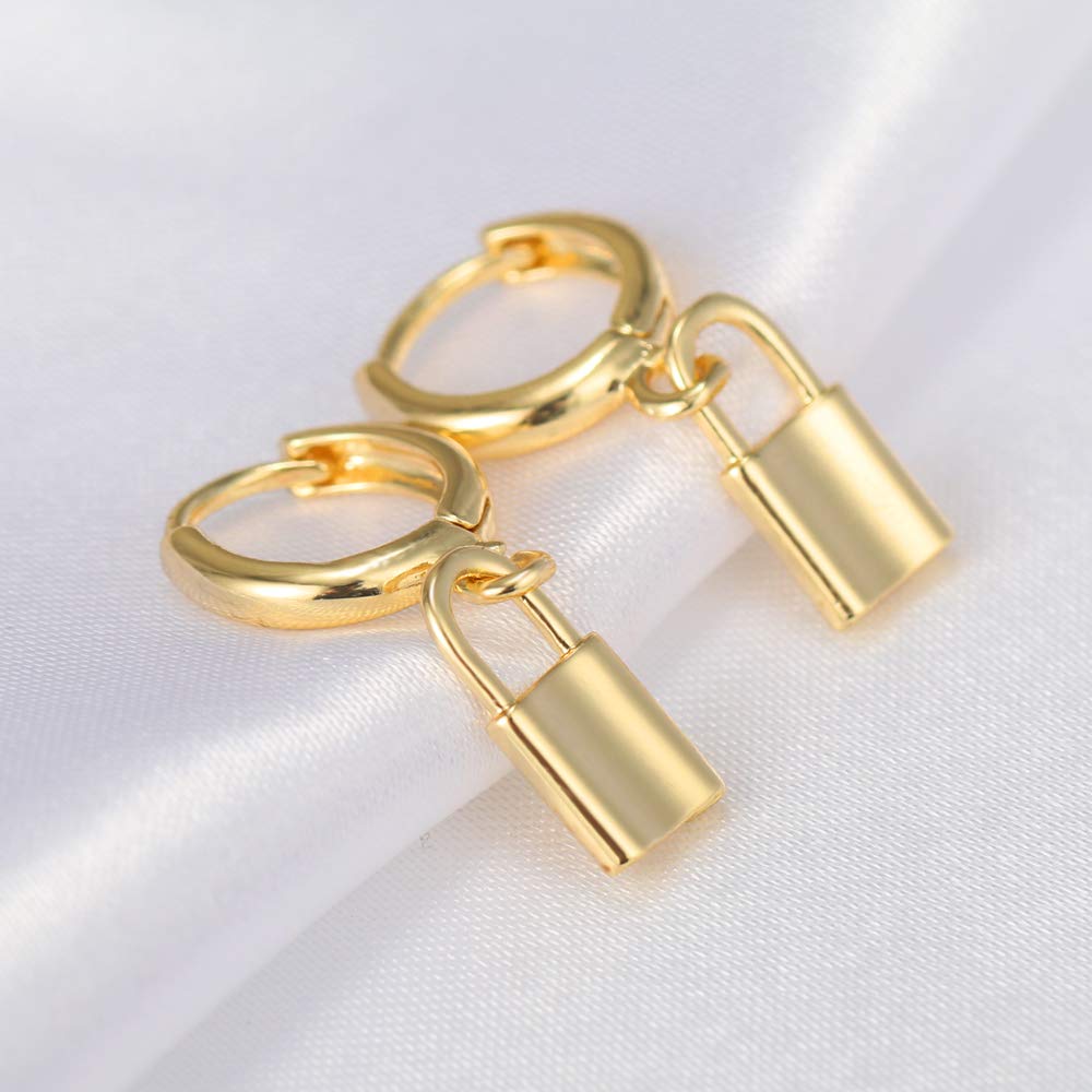 Small Hoop Lock Dangle Drop Hoop Earrings With Small Charm for Women Cute Cartilage Fashion 18K Yellow Gold Plated Vintage Elegant Dangling Jewelry