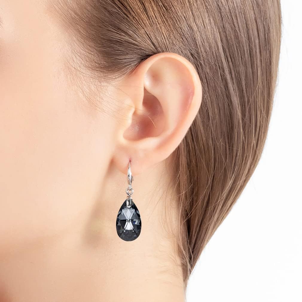 Austrian Crystal Teardrop Dangle Hook Earrings for Women 14K Gold Plated Hypoallergenic Jewelry (Grey-Black)