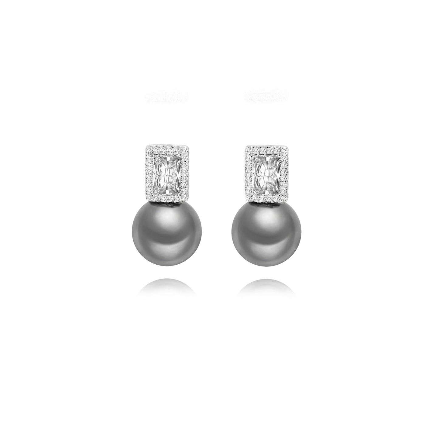 Gray Tahitian Pearl Earrings, Emerald Cut Cubic Zirconia Earrings Studs, Dainty Elegant Wedding Earrings for Bridal
