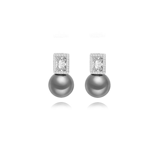 Gray Tahitian Pearl Earrings, Emerald Cut Cubic Zirconia Earrings Studs, Dainty Elegant Wedding Earrings for Bridal