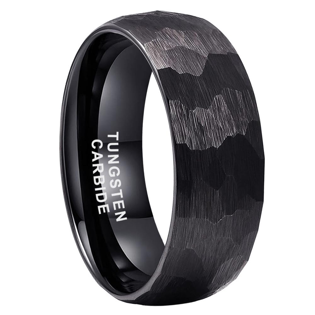 TUTISS 8mm Black Hammered Tungsten Rings for Men Women Fashion Engagement Wedding Bands Domed Matte Finish Comfort Fit Size 9