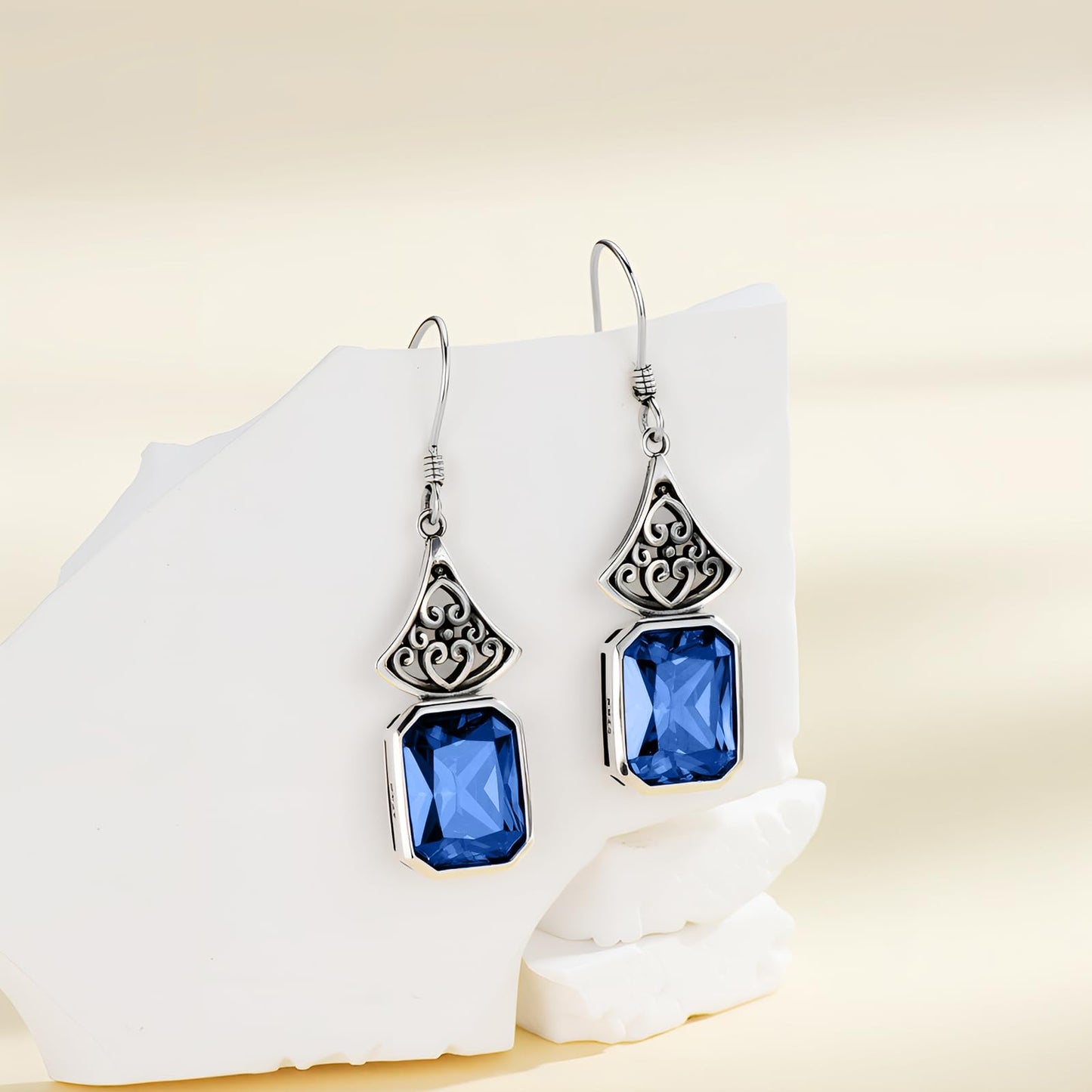 Vintage Earrings 925 Sterling Silver Oxidized Dangle Drop Earrings with Emerald Cut Blue Sapphire September Birthstone Anniversary Jewelry Gifts for Women