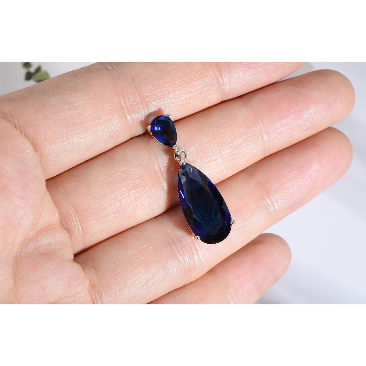 Mycitta Blue Sapphire Jewelry Set for Women - Sterling Silver Teardrop Cubic Zirconia Crystal CZ Necklace Earrings Set for Bride Bridesmaids Prom Party Formal Jewelry Set