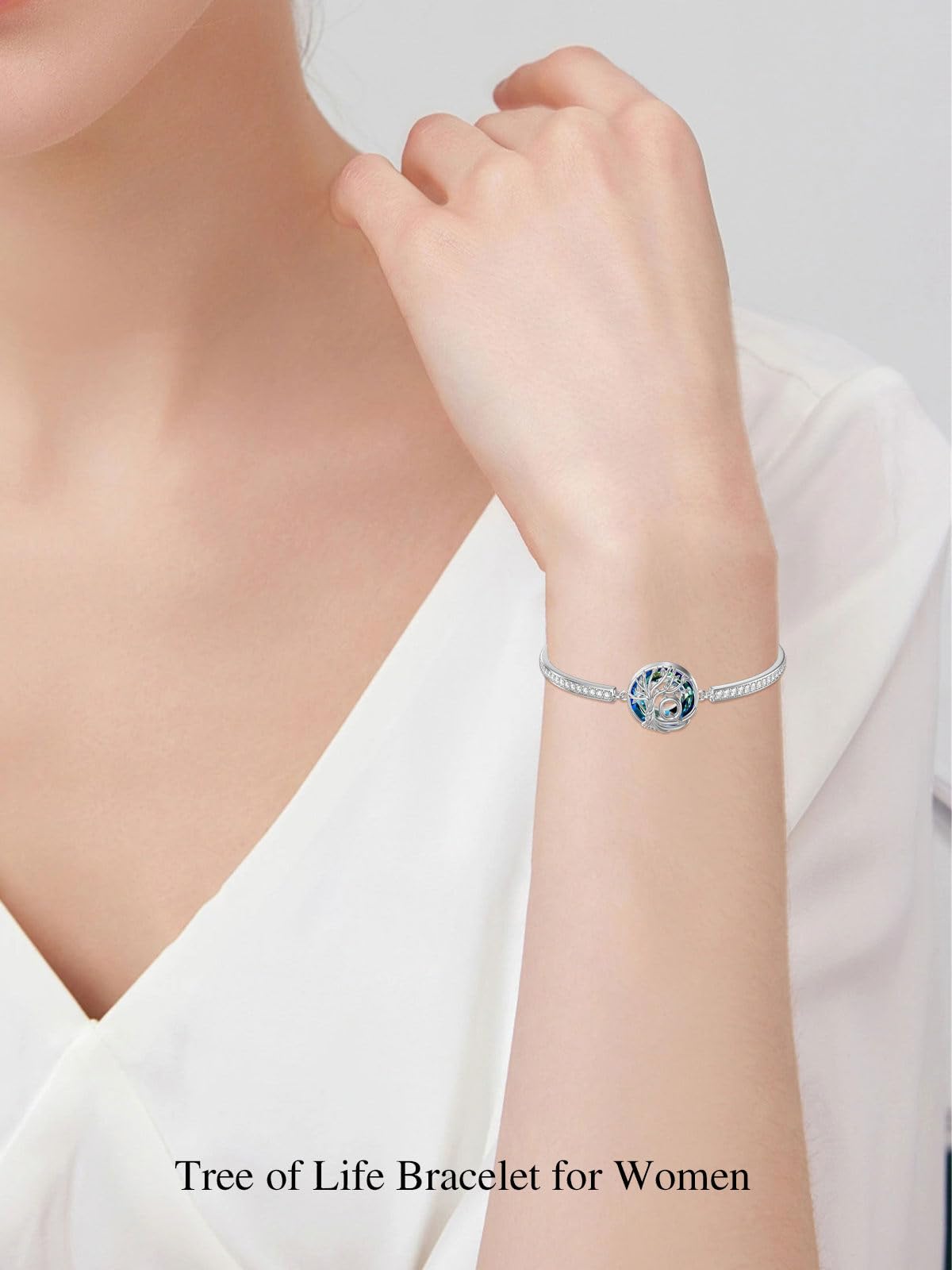 TOUPOP Tree of Life Bracelet Sterling Silver Initial Q Letter Bangle Bracelet Family Tree Blue Crystal Jewelry Mothers Day Birthday Gifts for Women Mom Wife