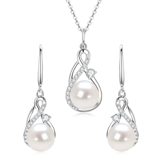 DENGGUANG Sterling Silver Pearl Jewelry Set with Moissanite, Real Freshwater Pearl Earrings Necklaces for Women, Wedding Jewelry for Brides Bridesmaid, Mother's Day