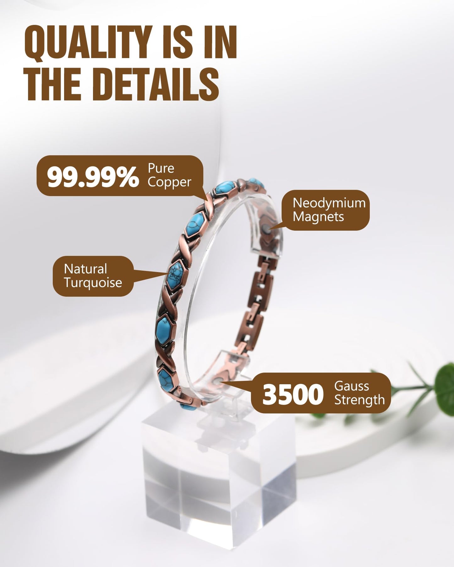 Feraco Pure Copper Bracelets for Women, Ultra Strength Magnetic Bracelet with 3800 Gauss Magnets & Natural Turquoise & Stones, Adjustable, Jewelry Gift (Ocean Whisper)