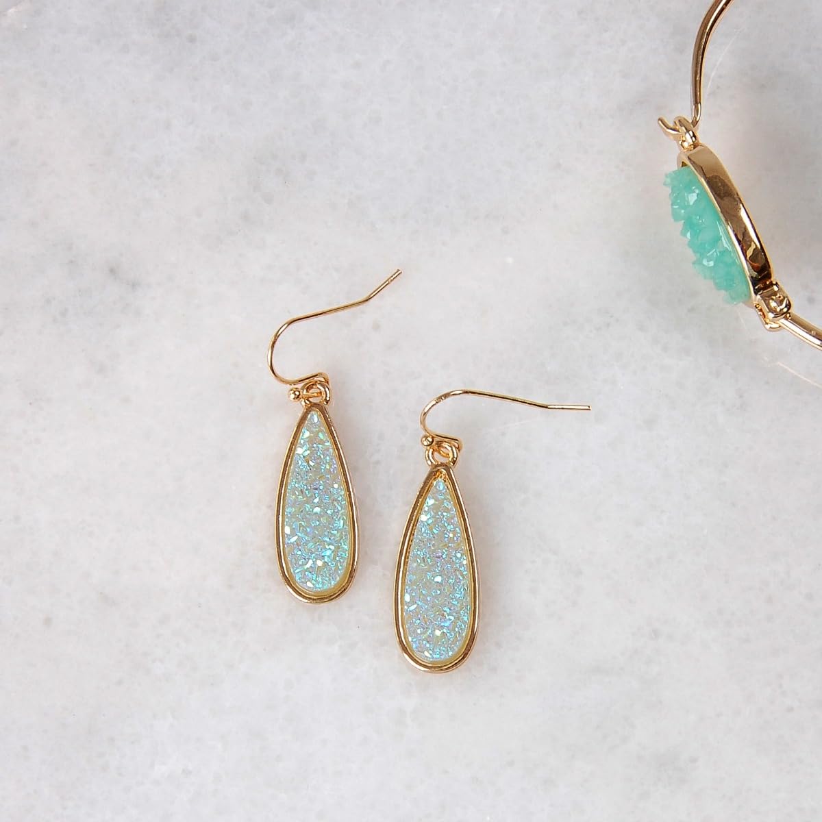 Mint Green Earrings for Women Dangle - Simulated Aqua Teal Simulated Druzy Earrings for Women, Sparkly Dangly Boho Statement Drops, Elegant Hanging Dangling Green Stone, Dainty Long Teardrop Jewelry