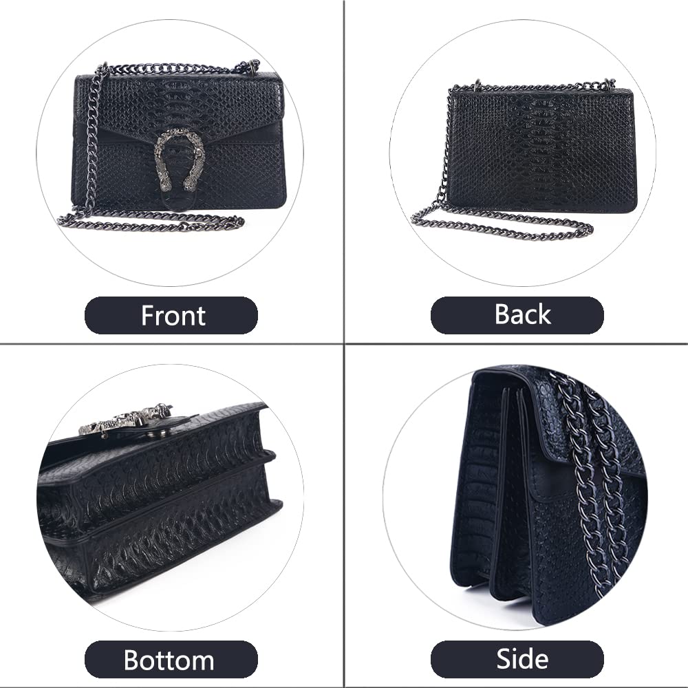 Leather Shoulder Bag Chain Purse for Women - Fashion Crossbody Bags Vintage Snake Print Underarm Bag Square Satchel Clutch Handbag（Black）