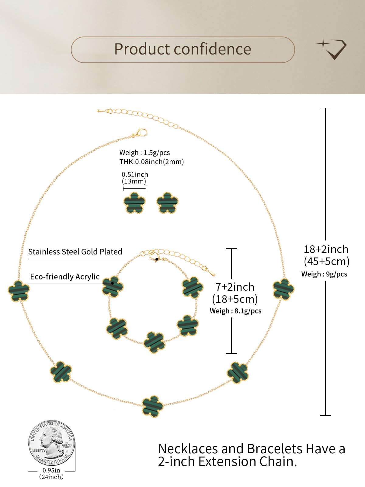 Qinpan Five Leaf Clover Necklace Bracelet and Stud Earrings Set for Women Lucky Flower Jewelry (Green Stripe-14K Gold Plated)