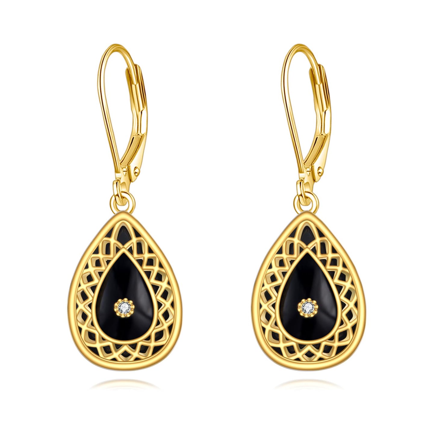 Black Onyx Drop Earrings for Women Sterling Silver 18K Yellow Gold Plated Filigree Black Onyx Dangle Leverback Earrings Jewelry Gifts