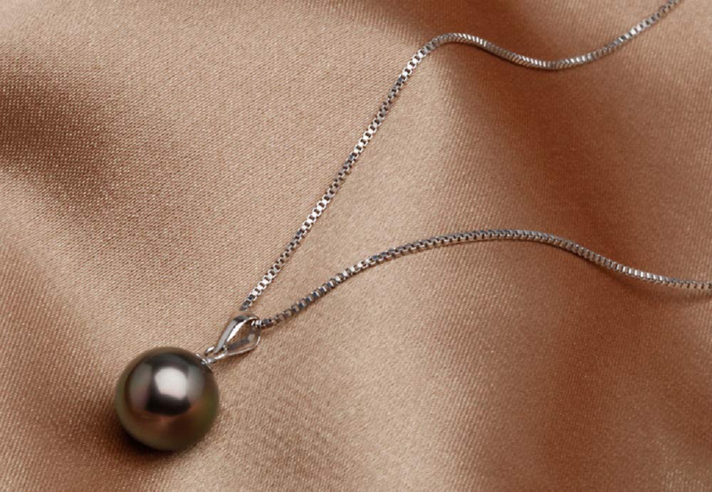 Lzz 925 Sterling Silver Tahitian Nanhai Freshwater Cultured Black Pearl Pendant Necklace - 9-10mm Round Pearl Ladies Necklace