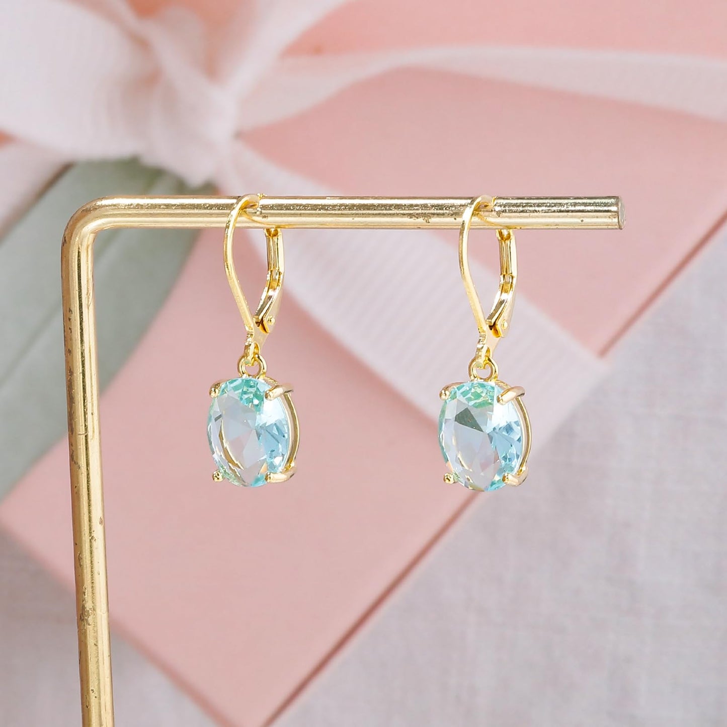 CiNily Cut-Oval Leverback Dangle Earrings for Women Light Blue Cubic Zircon 14K Gold Plated Hypoallergenic Hanging Earrings Lightweight Summer Drop Earrings Party Wedding Birthday Gifts