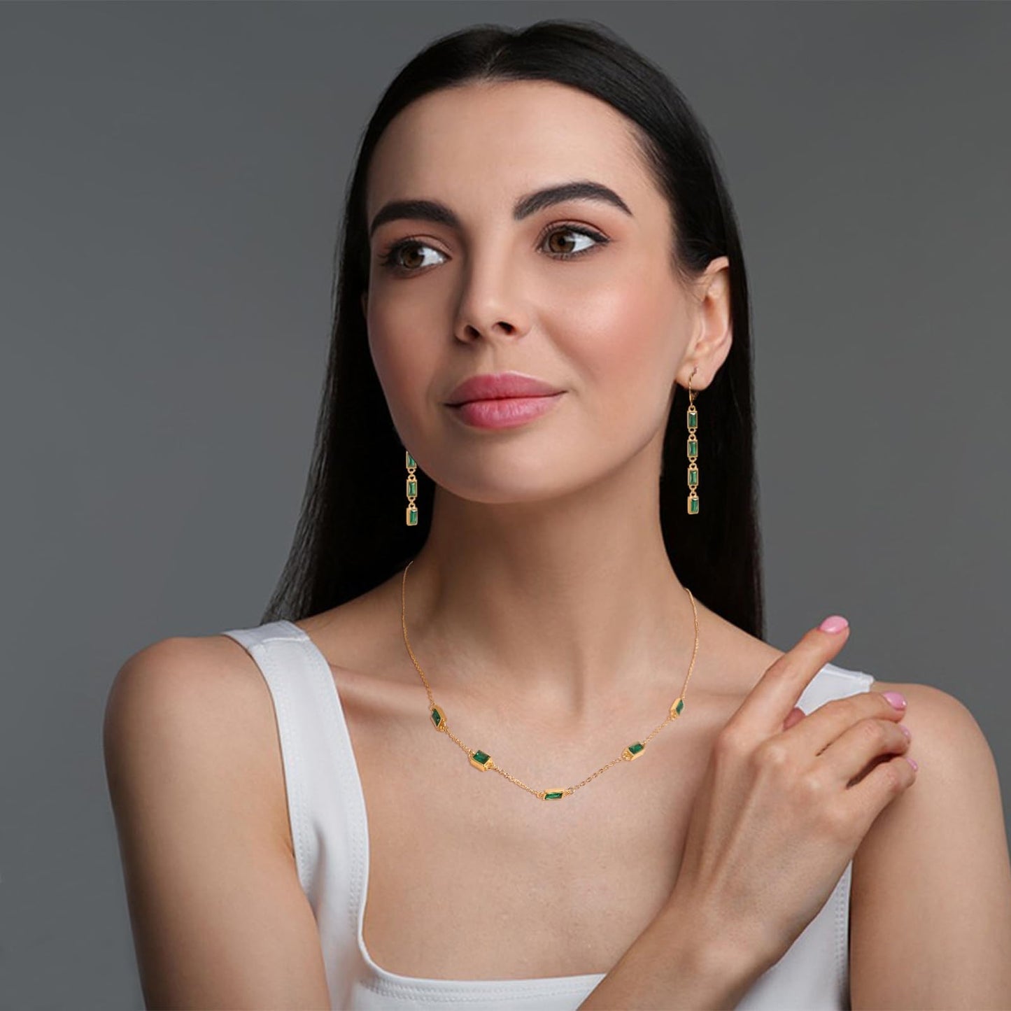 TaYolnFaSo Simulated Emerald Cut Necklace Earring for Women Green Cubic Zirconia Jewelry Set May Birthstone Gift Rectangle Emerald Green Jewelry Gift for Wife Girlfriend Mother