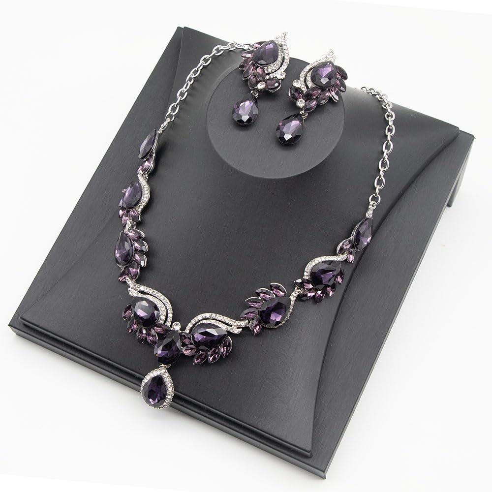 Qlavoca Elegant Crystal Jewelry Set for Women Teardrop Rhinestone Necklace and Dangle Earrings Set for Bridal Evening Prom Jewelry (Purple)