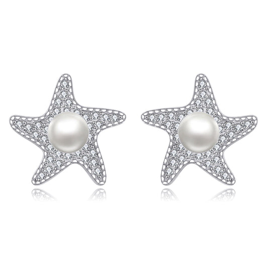 POPLYKE Starfish Earrings for Women Sterling Silver Freshwater Pearl Stud Jewelry Gifts Wedding Bridesmaids Anniversary