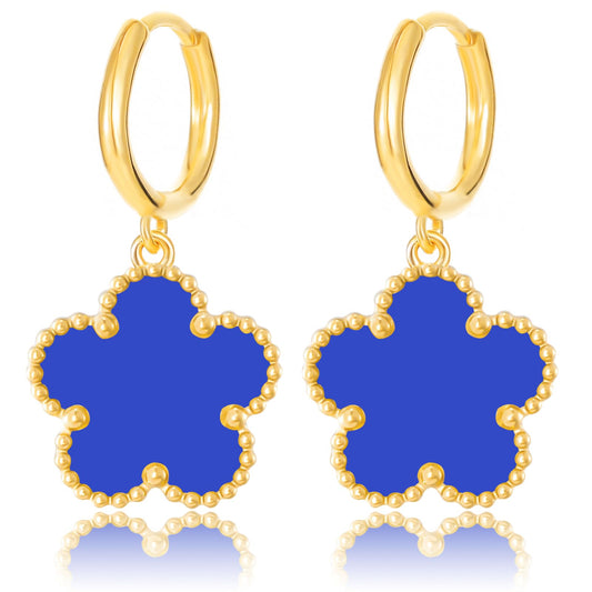Gold Plated Five Leaf Clover Dangle Earrings for Women Lucky Flower Jewelry (Royal Blue-14K Gold Plated)
