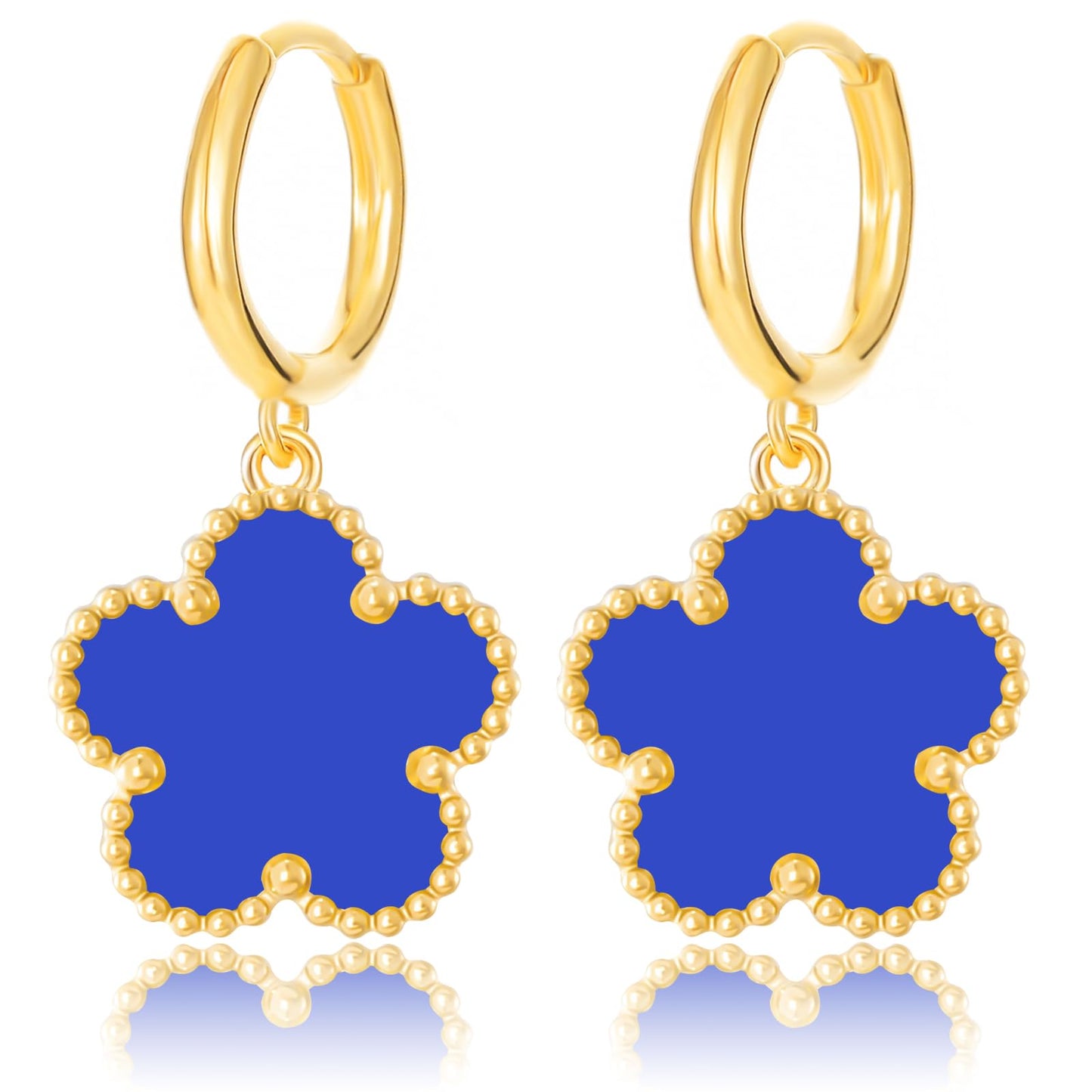 Gold Plated Five Leaf Clover Dangle Earrings for Women Lucky Flower Jewelry (Royal Blue-14K Gold Plated)