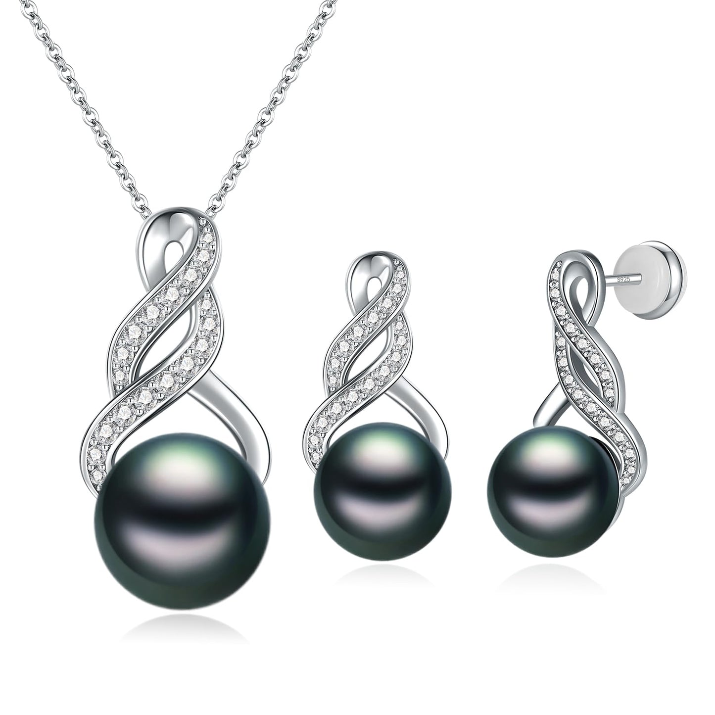 LOIPURI Pearl Necklace and Earring Set for Women - 925 Sterling Silver Pearl Jewelry Set Rhodium/Gold Plated Anniversary Birthday Gifts Packaged in Preserved Rose Box
