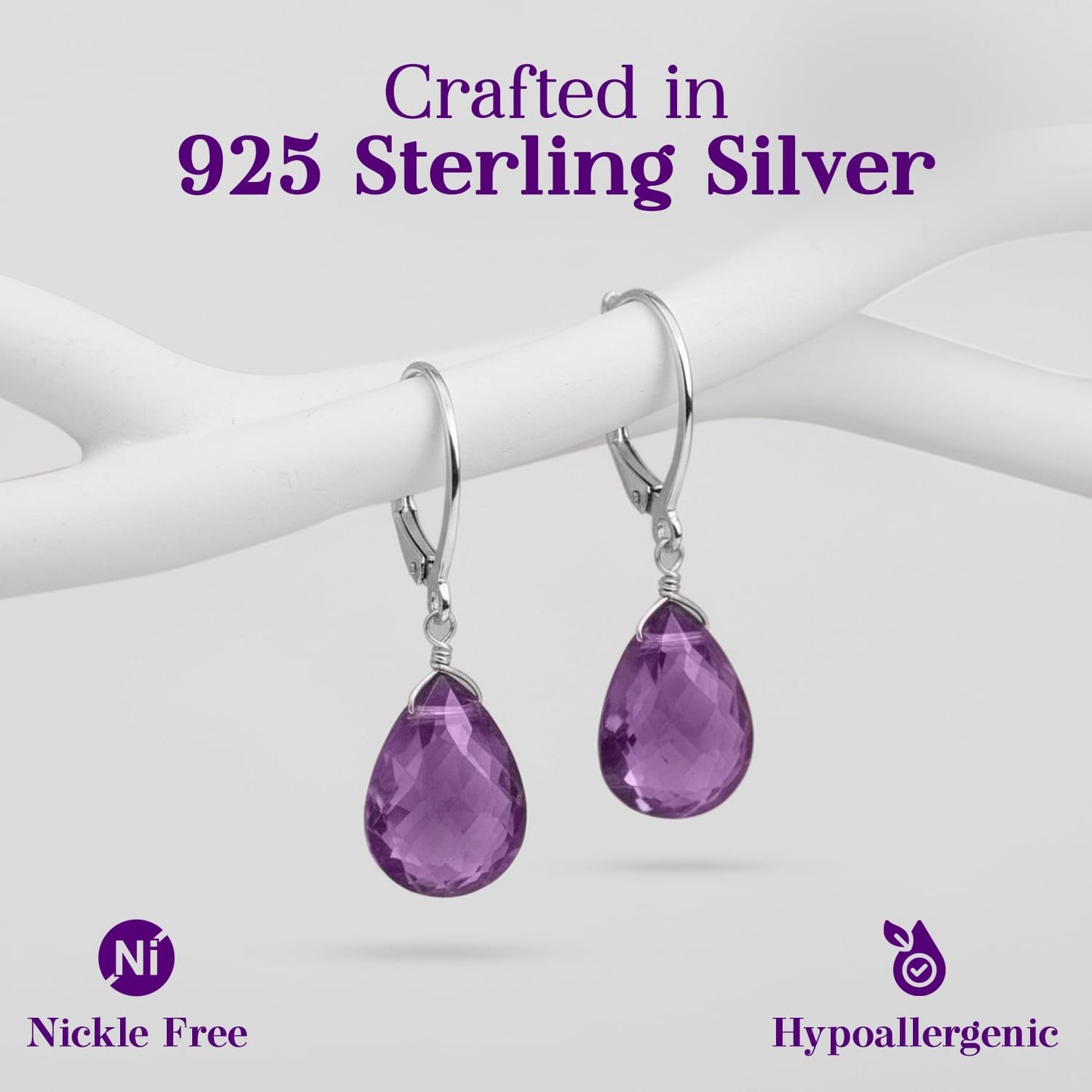 GemInspire Amethyst Teardrop Dangle Earrings for Women, Leverback Pear Shaped Gemstone, 925 Sterling Silver Leverback Hoops, Handmade February Birthstone Jewelry Gift