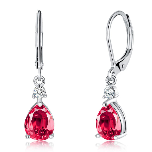 CiNily Leverback Dangle Earrings for Women 14K White Gold Plated Drop Earrings Red Cubic Zircon Fashion Teardrop Hoop Earrings Hypoallergenic Jewelry for Sensitive Ear